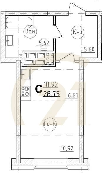 Студия, 30.6 м², 2 этаж