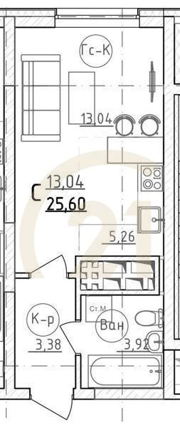 Студия, 26.1 м², 19 этаж
