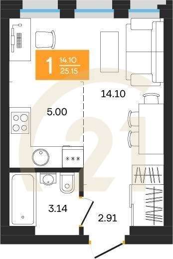 1-комн, 25.15 м², 21-25 этаж