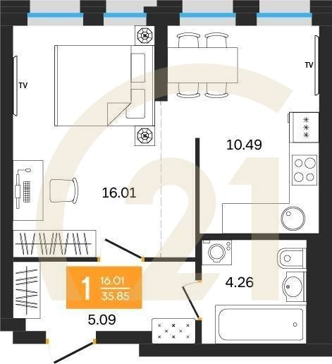 1-комн, 35.85 м², 21-25 этаж