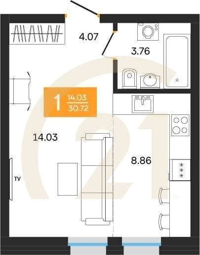 1-комн, 30.72 м², 21-25 этаж