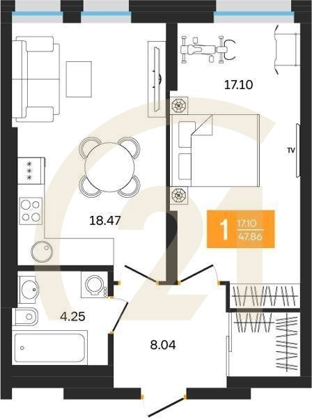 1-комн, 47.86 м², 2-25 этаж