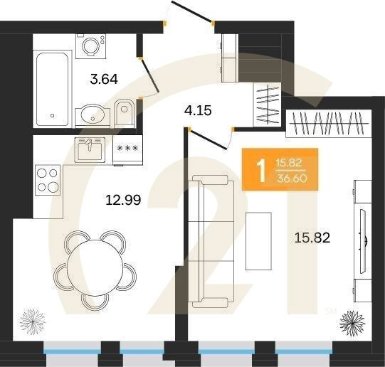 1-комн, 36.6 м², 3-25 этаж