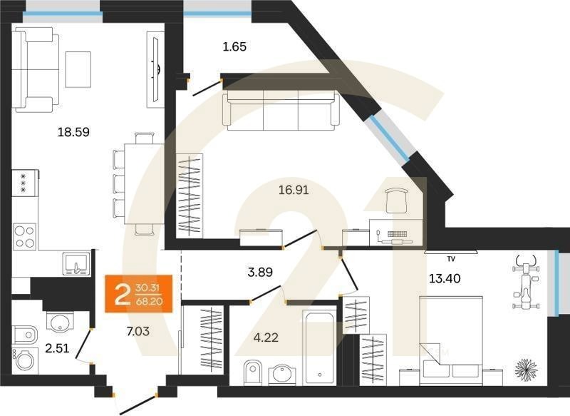 2-комн, 68.2 м², 3-24 этаж