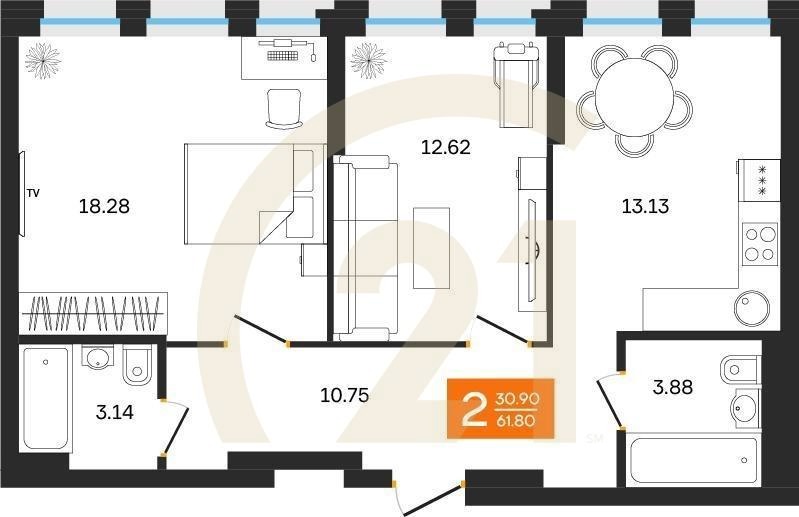 2-комн, 61.8 м², 2-6 этаж