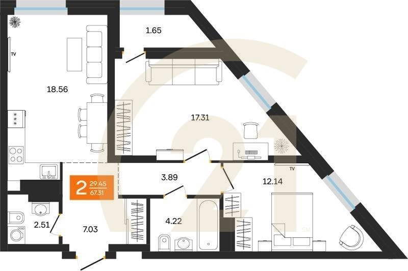 2-комн, 67.31 м², 2 этаж