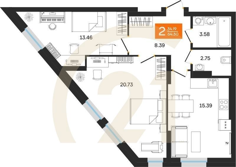 2-комн, 64.3 м², 2 этаж