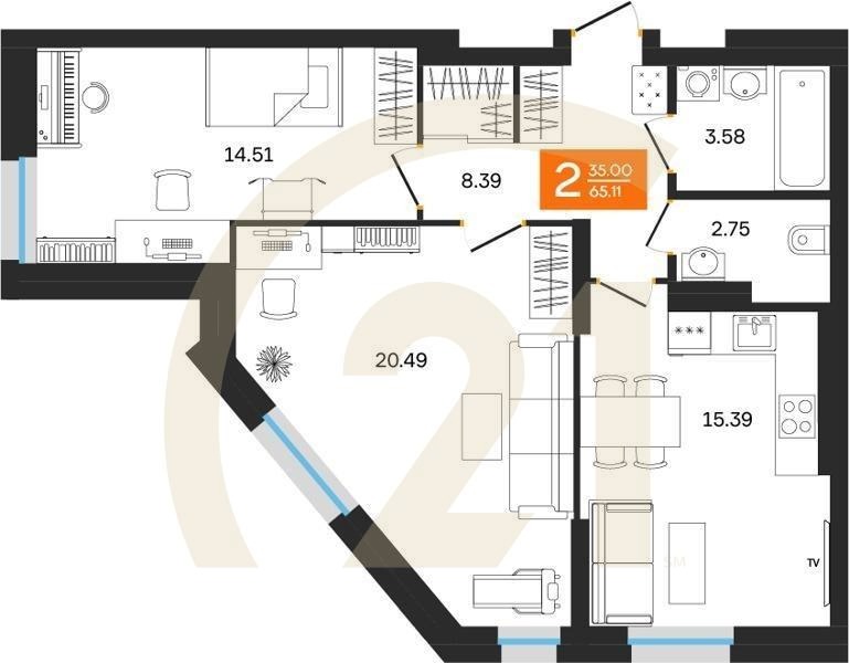 2-комн, 65.11 м², 3-25 этаж