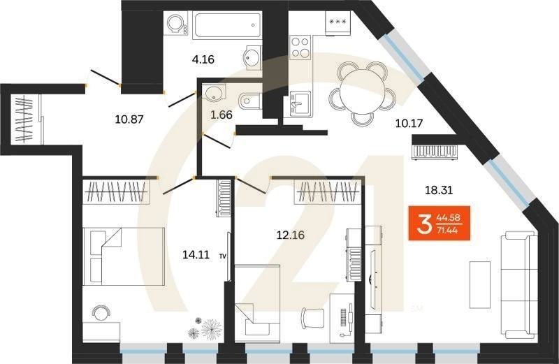 3-комн, 71.44 м², 2 этаж