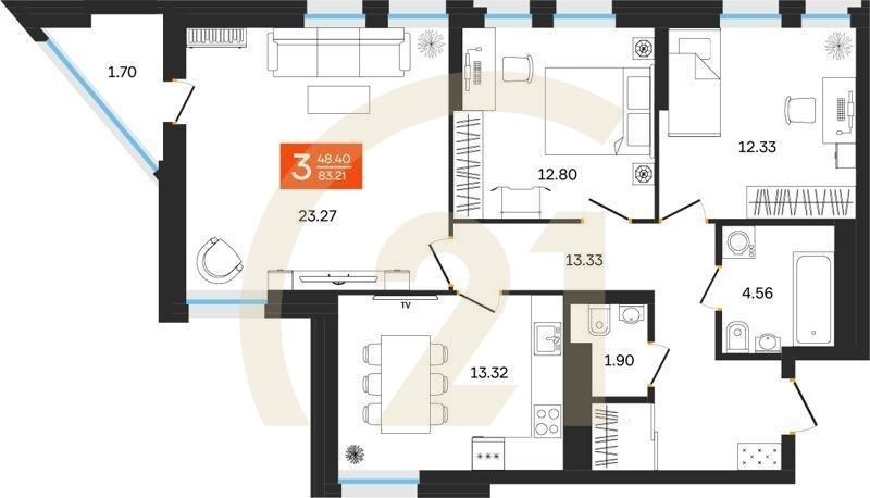 3-комн, 83.21 м², 3-8 этаж
