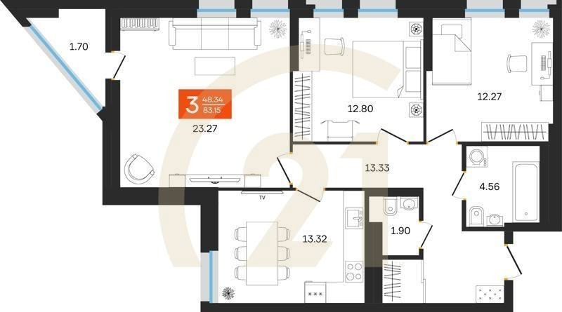 3-комн, 83.15 м², 11-25 этаж