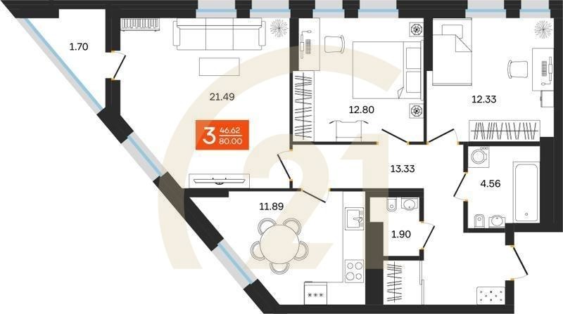 3-комн, 80 м², 2 этаж