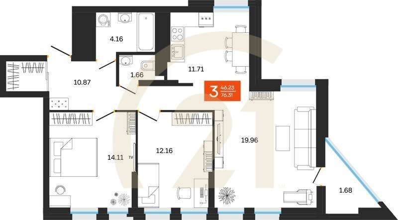 3-комн, 76.31 м², 3-24 этаж
