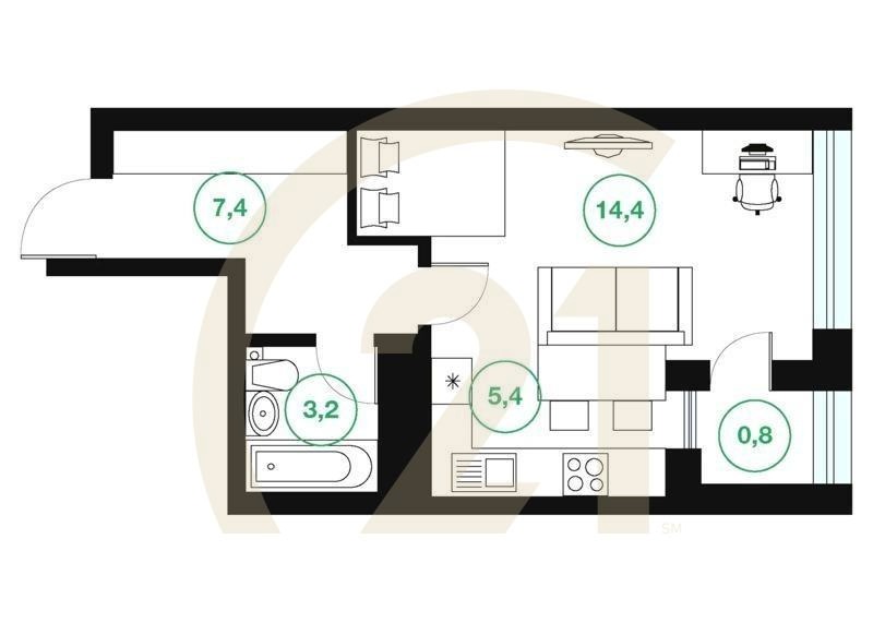 1-комн, 31.2 м², 15-25 этаж