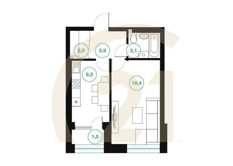1-комн, 35.6 м², 25 этаж