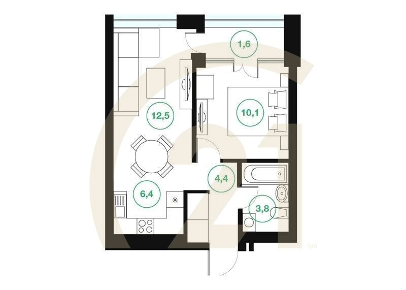 2-комн, 38.8 м², 16-25 этаж