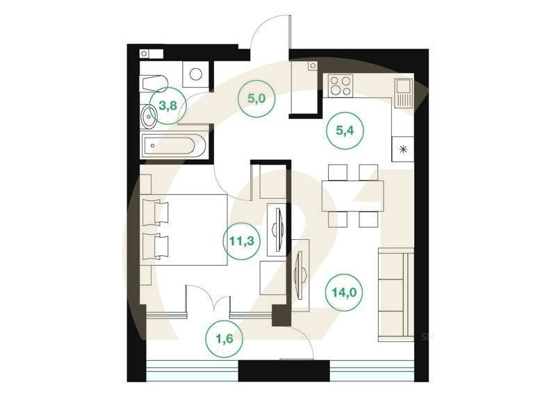 2-комн, 41.1 м², 7-16 этаж