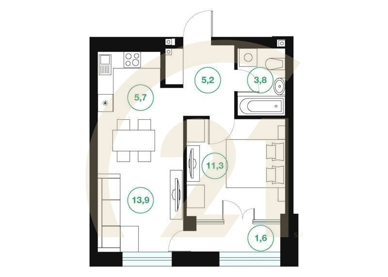 2-комн, 41.5 м², 7 этаж