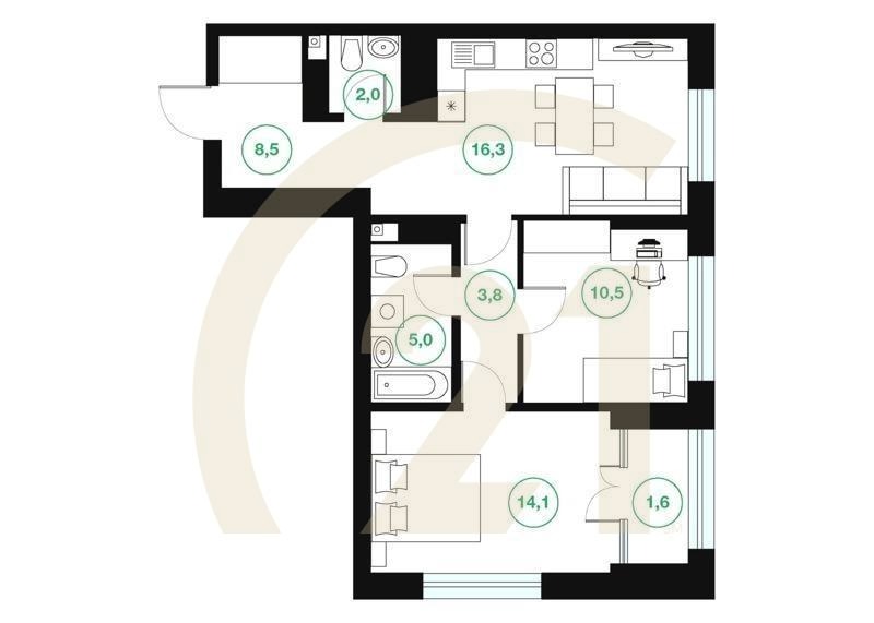 2-комн, 61.8 м², 13-16 этаж
