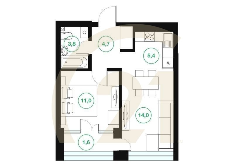 2-комн, 40.5 м², 20-25 этаж