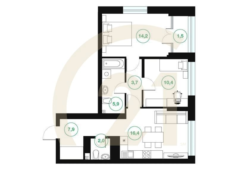 2-комн, 62 м², 14-25 этаж