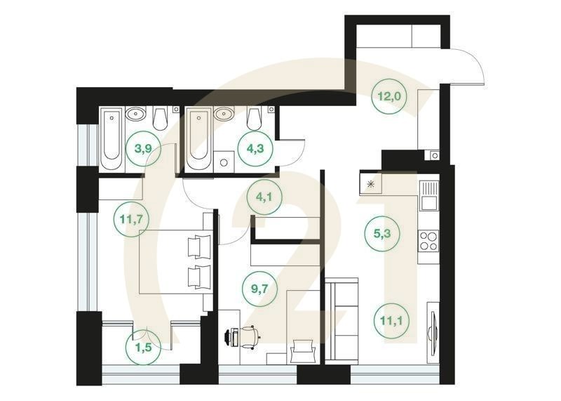 3-комн, 63.6 м², 3-24 этаж