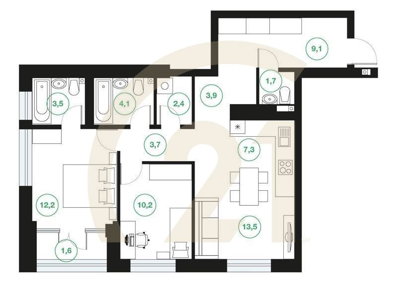 3-комн, 73.2 м², 2-3 этаж