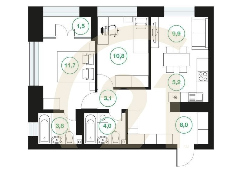 3-комн, 58 м², 13-25 этаж