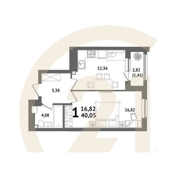1-комн, 40.05 м², 13-21 этаж