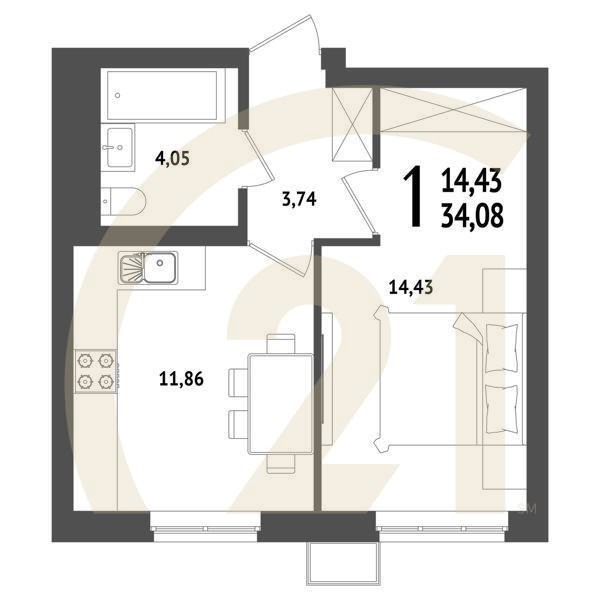 1-комн, 34.08 м², 14-25 этаж