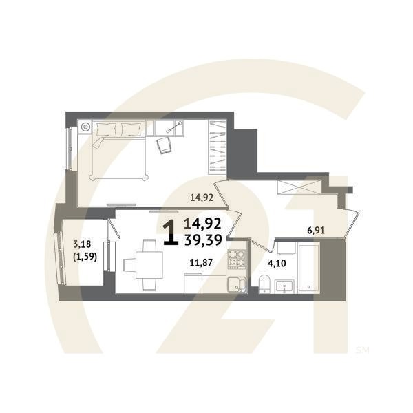 1-комн, 39.39 м², 12-21 этаж