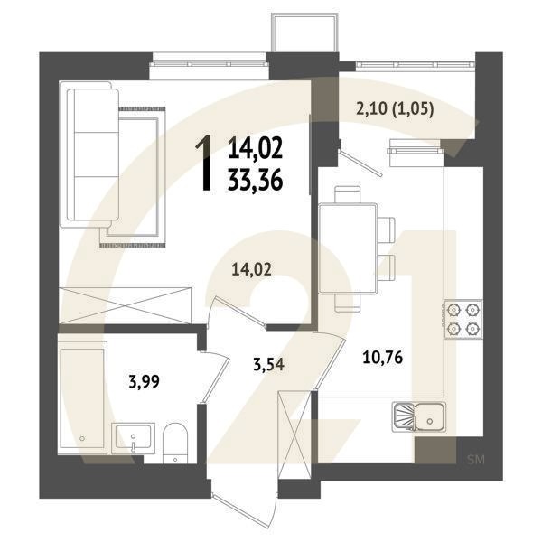 1-комн, 33.36 м², 17-25 этаж