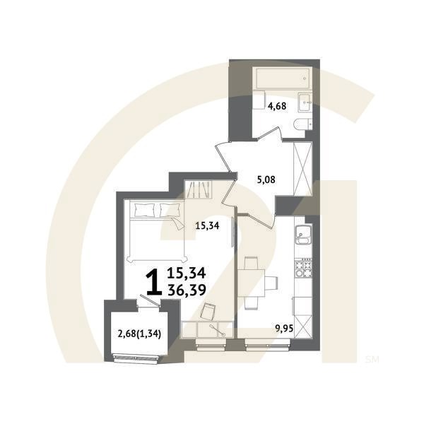 1-комн, 36.39 м², 19-20 этаж