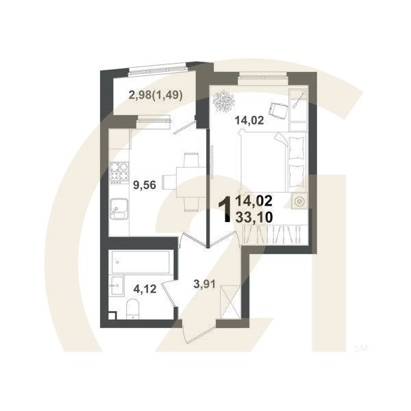 1-комн, 33.1 м², 9-10 этаж