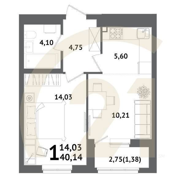 1-комн, 40.14 м², 12 этаж