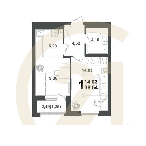 1-комн, 38.54 м², 10 этаж