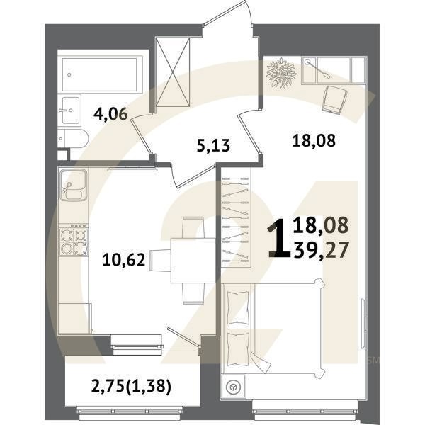 1-комн, 39.27 м², 8-12 этаж