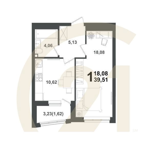 1-комн, 39.51 м², 9-10 этаж