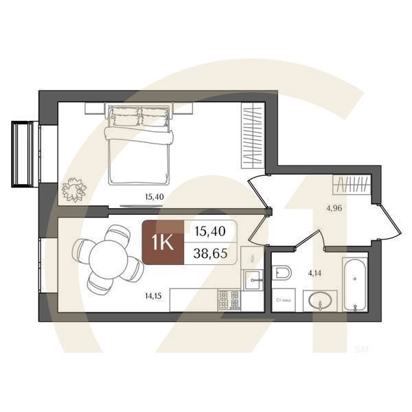 1-комн, 38.65 м², 4-21 этаж
