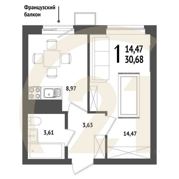 1-комн, 30.68 м², 17-25 этаж