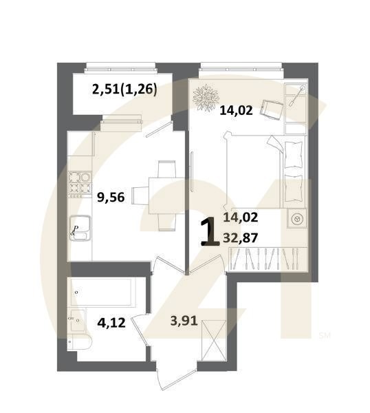 1-комн, 32.87 м², 11-12 этаж