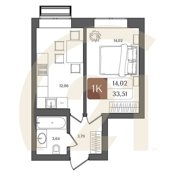 1-комн, 33.51 м², 4-10 этаж