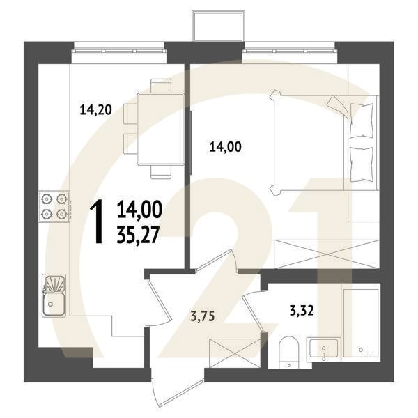 1-комн, 35.27 м², 3-25 этаж