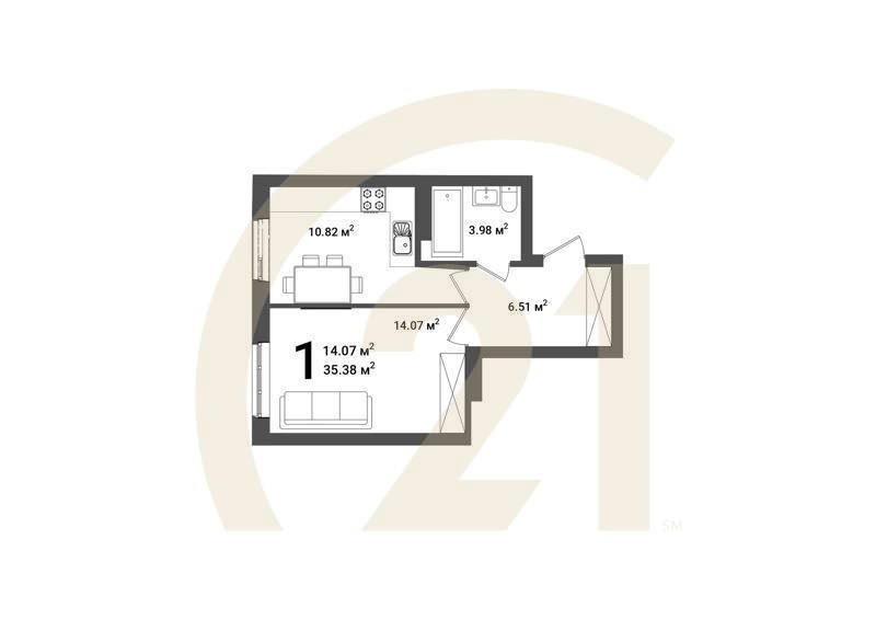 1-комн, 35.72 м², 2 этаж