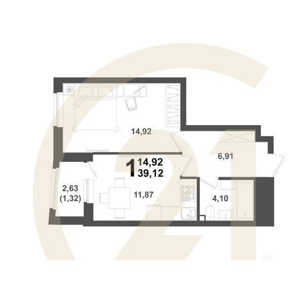1-комн, 39.12 м², 14-17 этаж