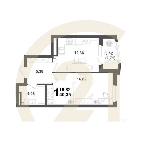 1-комн, 40.35 м², 16-17 этаж