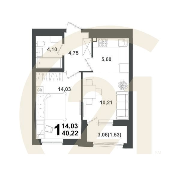 1-комн, 40.22 м², 9-10 этаж