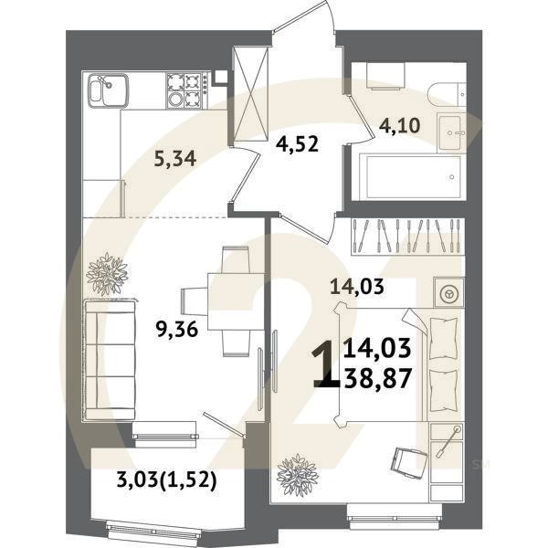 1-комн, 38.87 м², 11-12 этаж