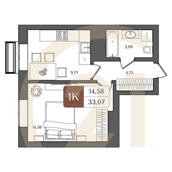 1-комн, 33.07 м², 4-20 этаж