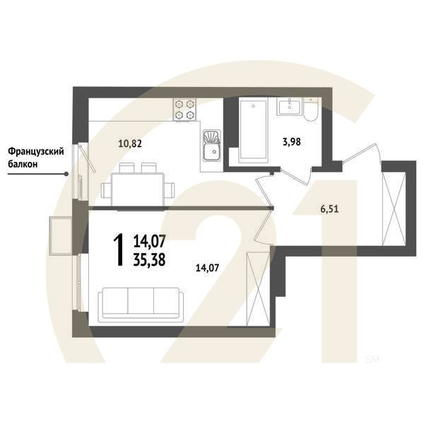 1-комн, 35.38 м², 3-25 этаж